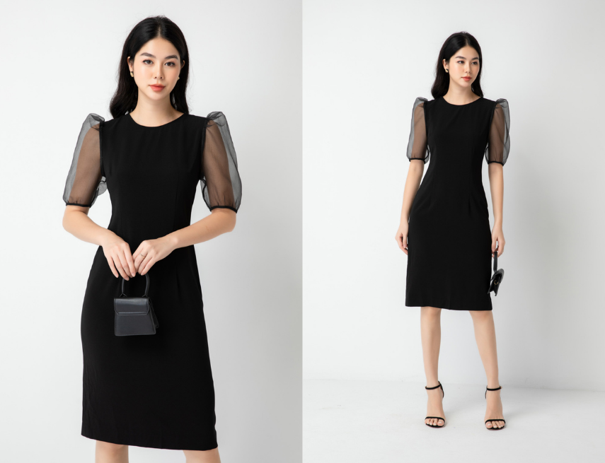 Đầm đen body nhung tay phối lưới bi - Bán sỉ thời trang mỹ phẩm